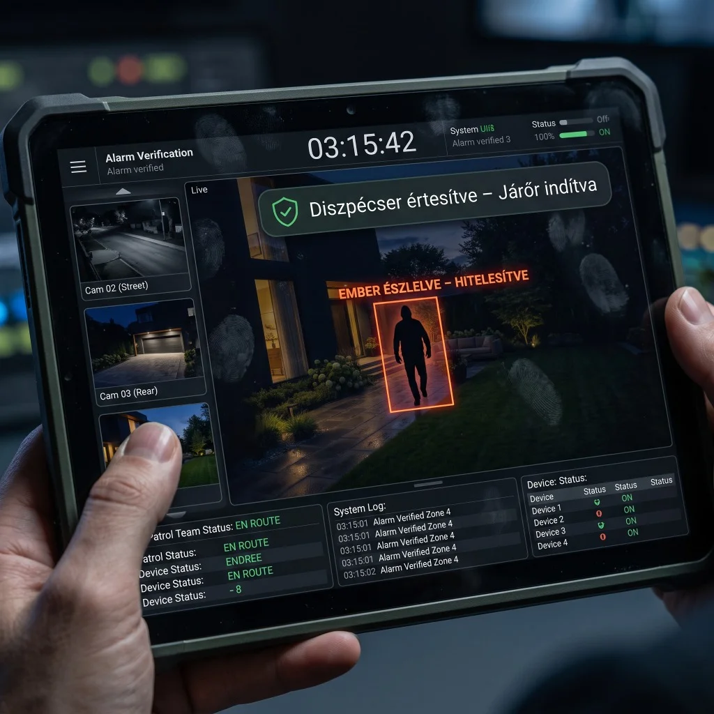 Diszpécseri videó hitelesítés és riasztás megerősítés tablet képernyőjén